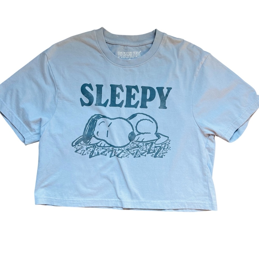 Blue Snoopy 'Sleepy' Graphic Cropped T-Shirt Peanuts Sz Small